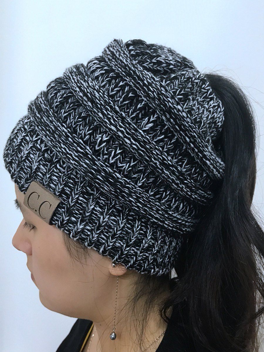 

Open Top Mixcolour Knitted Hat, Black white