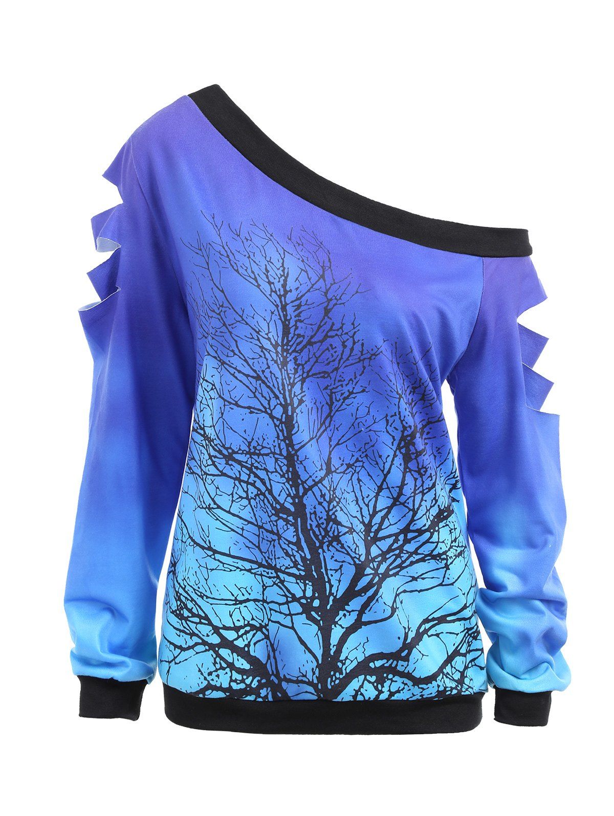 

Life Tree Ripped Sleeve Skew Neck Sweatshirt, Blue