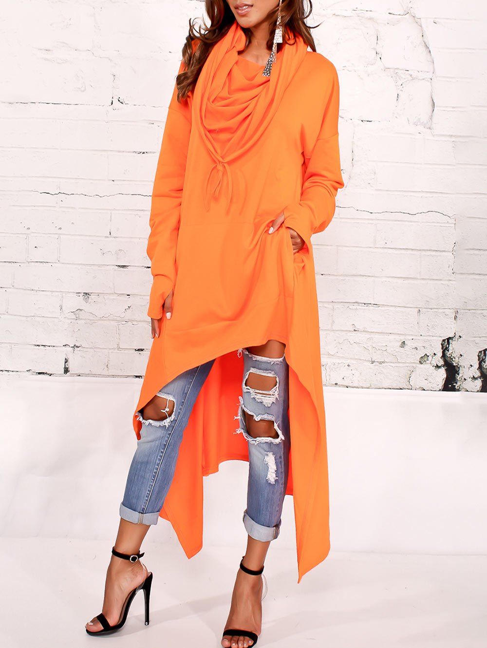 

Kangaroo Pocket Maxi Asymmetric Hoodie, Orange