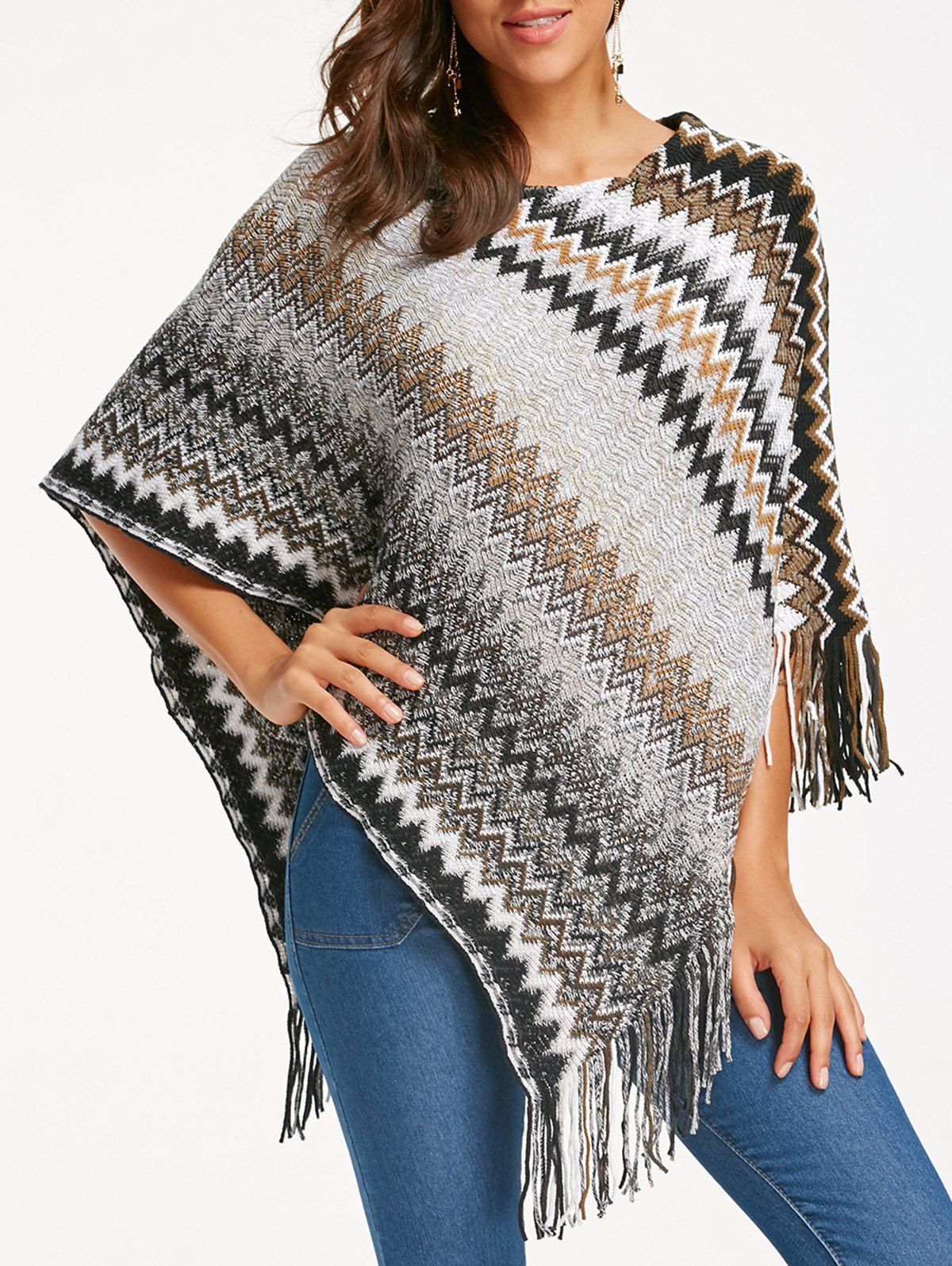 

Zigzag Fringed Knitted Irregular Poncho, Camel