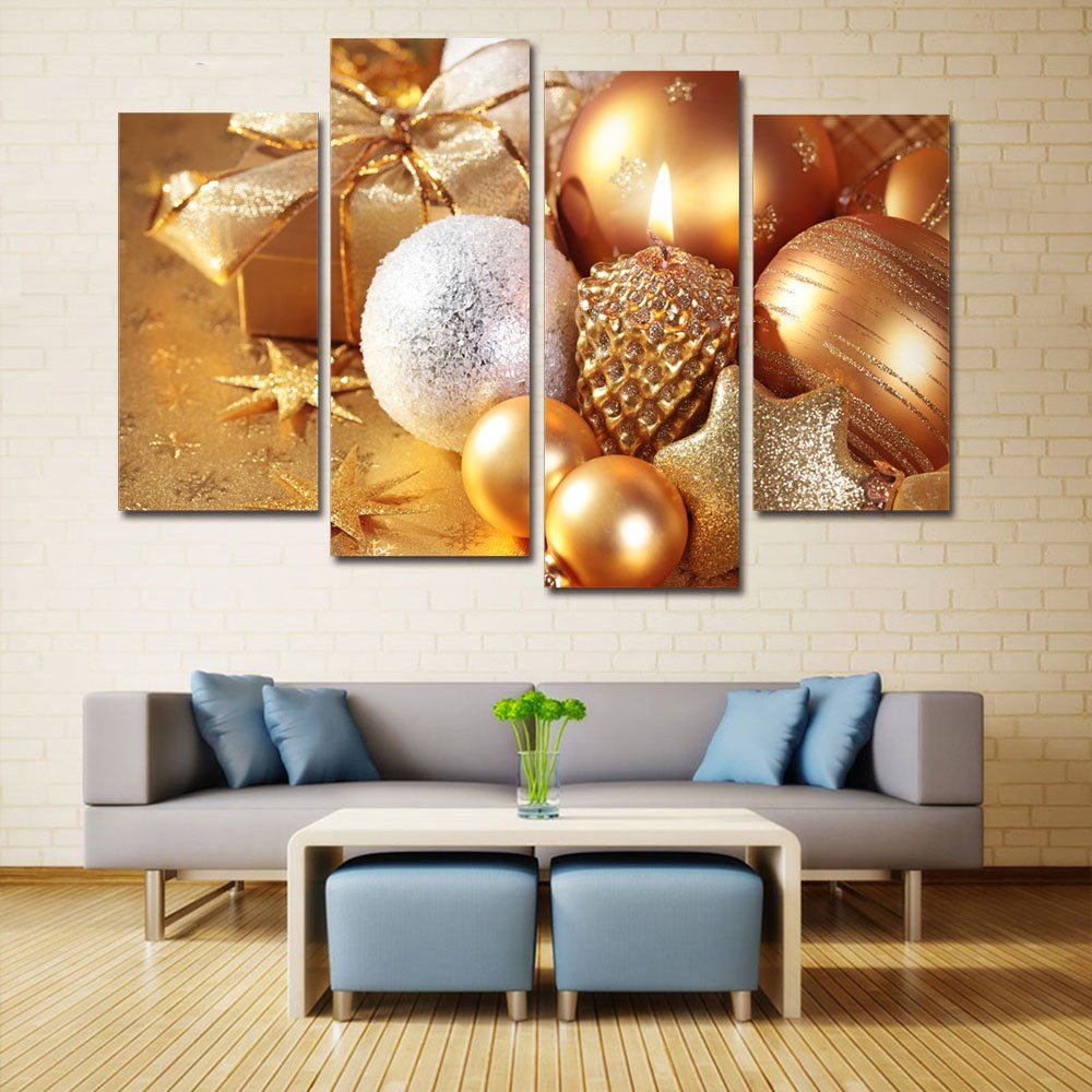 

Christmas Gifts Baubles Print Unframed Split Canvas Paintings, Golden