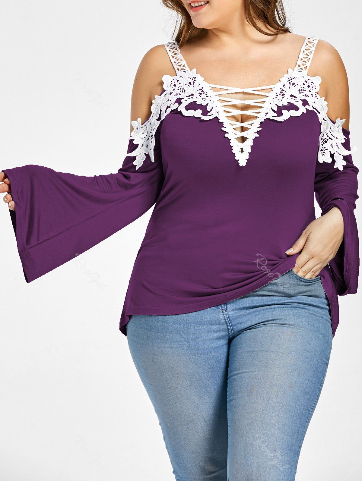 

Plus Size Lace Up Cold Shoulder T-shirt, Deep purple