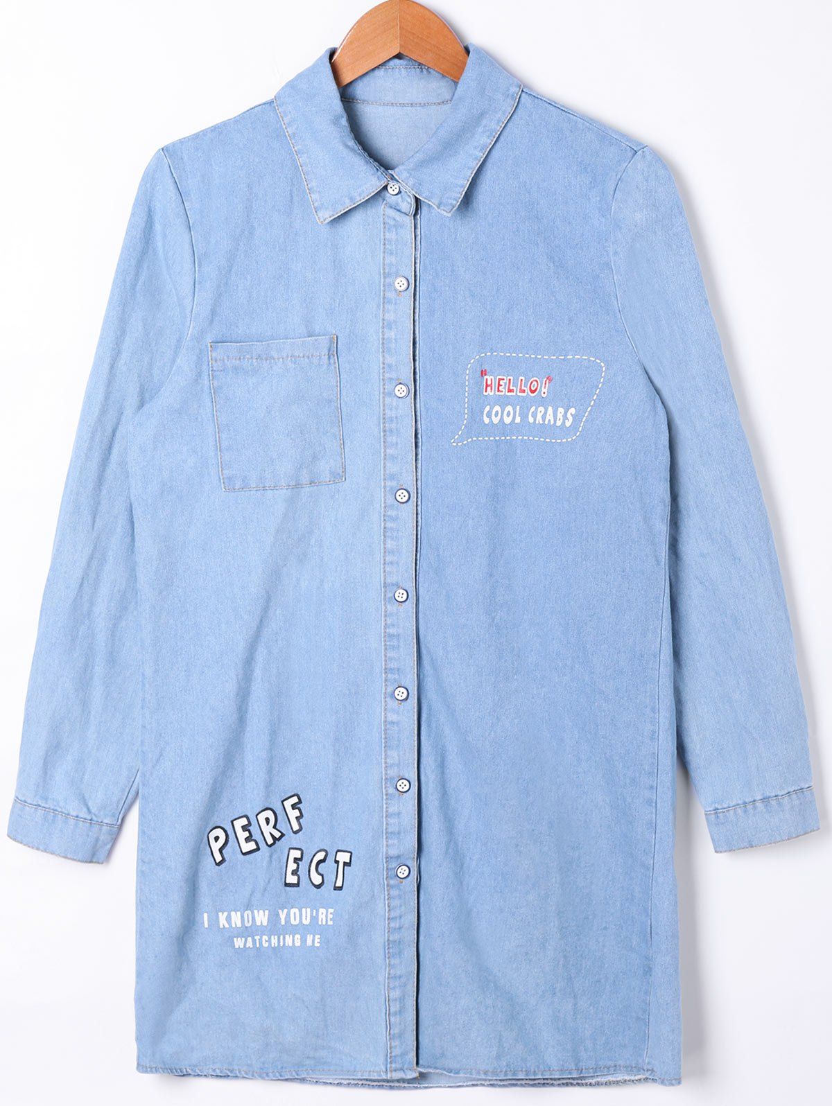 Patch Pocket Button Up Jean Shirt Coat, Light blue