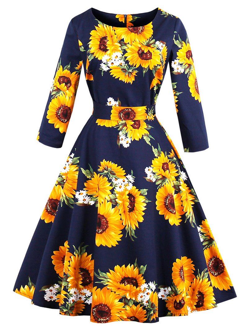 [79% OFF] Vintage Sunflower Print Fit And Flare Dress | Rosegal