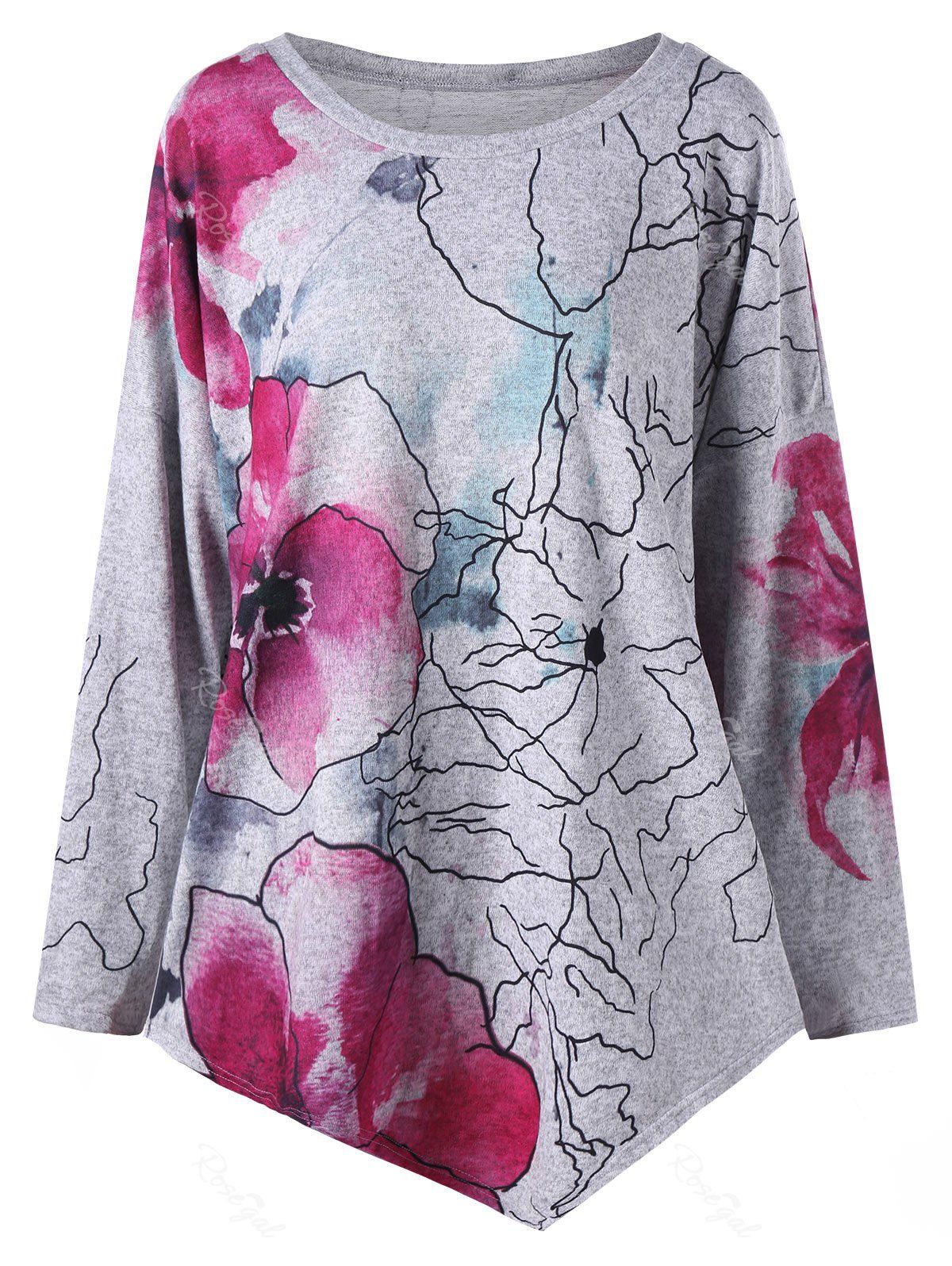 

Plus Size Ink Painting Floral Drop Shoulder Asymmetric Top, Gray