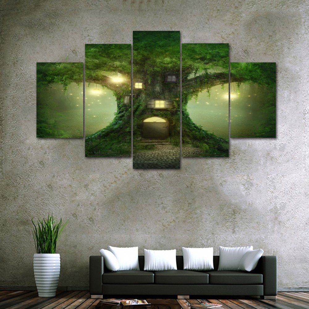 

Tree House Print Unframed Split Canvas Paintings, Green