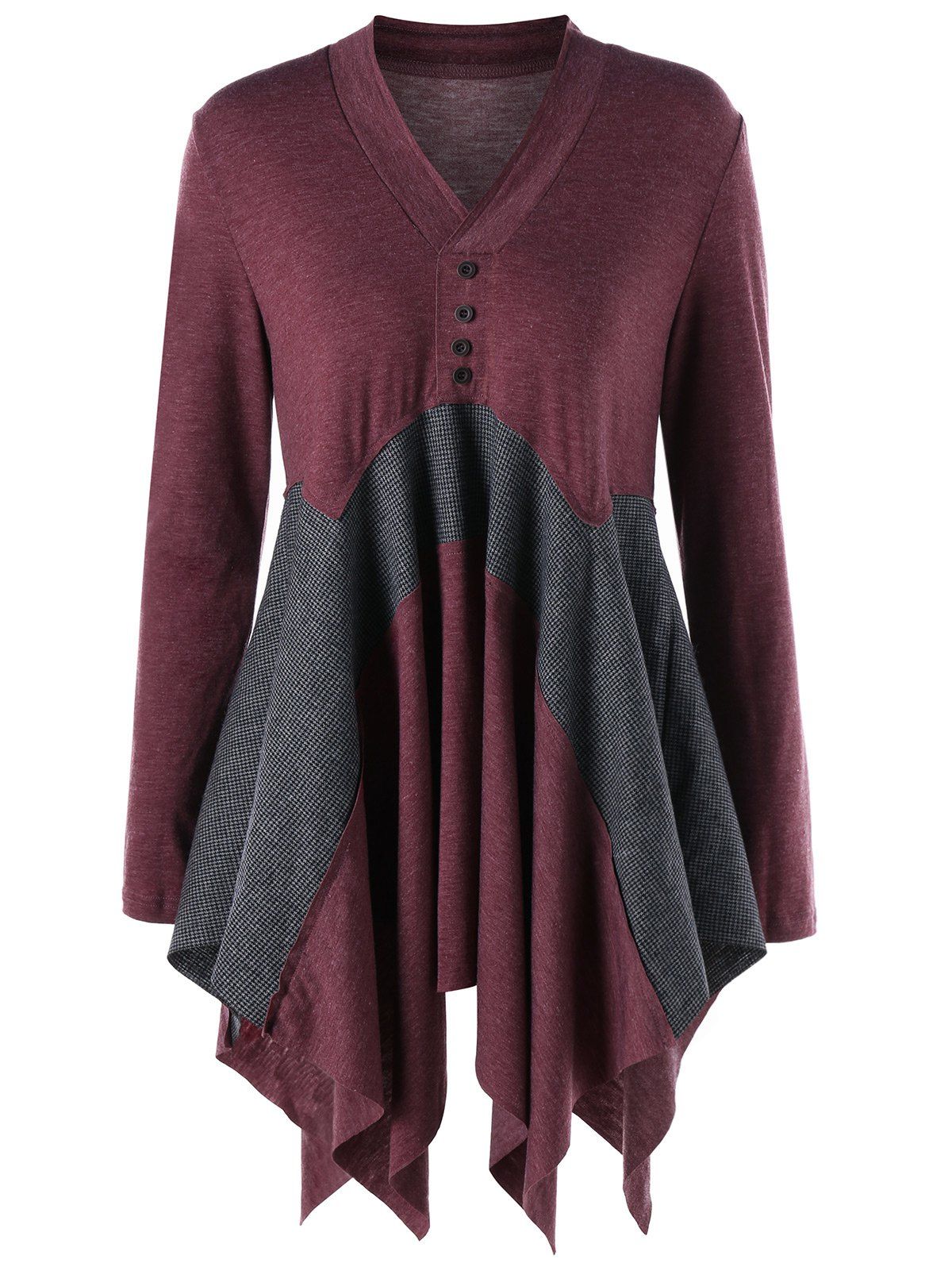 

Long Asymmetric V Neck Long Sleeve Top, Gray and red