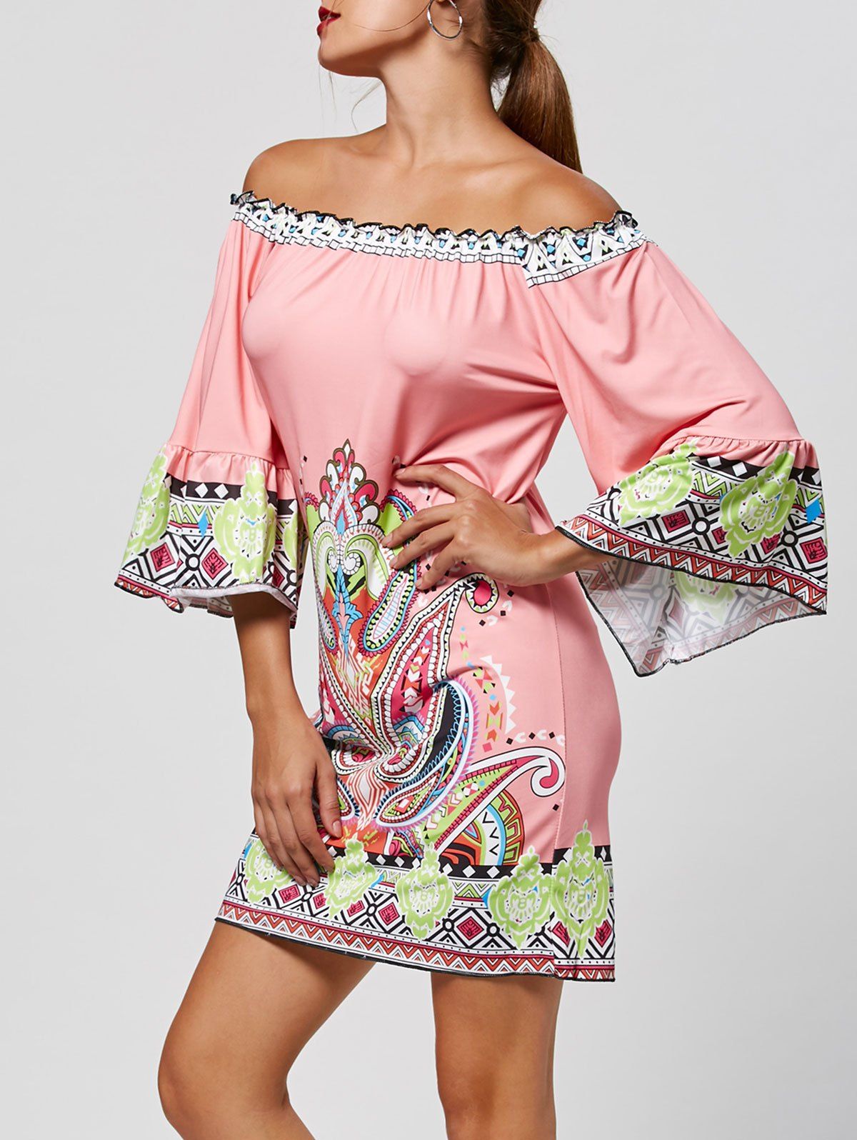 

Off The Shoulder Paisley Printed Bohemian Dress, Pink
