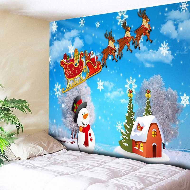 

Snowman Santa Sleigh Reindeer Wall Tapestry, Sky blue