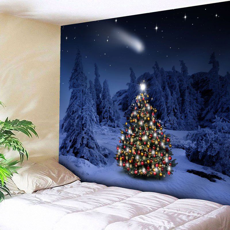 

Snow Night Christmas Tree Wall Tapestry, Violet blue