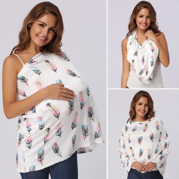 

Multicolor Feather Print Nursing Cover, White