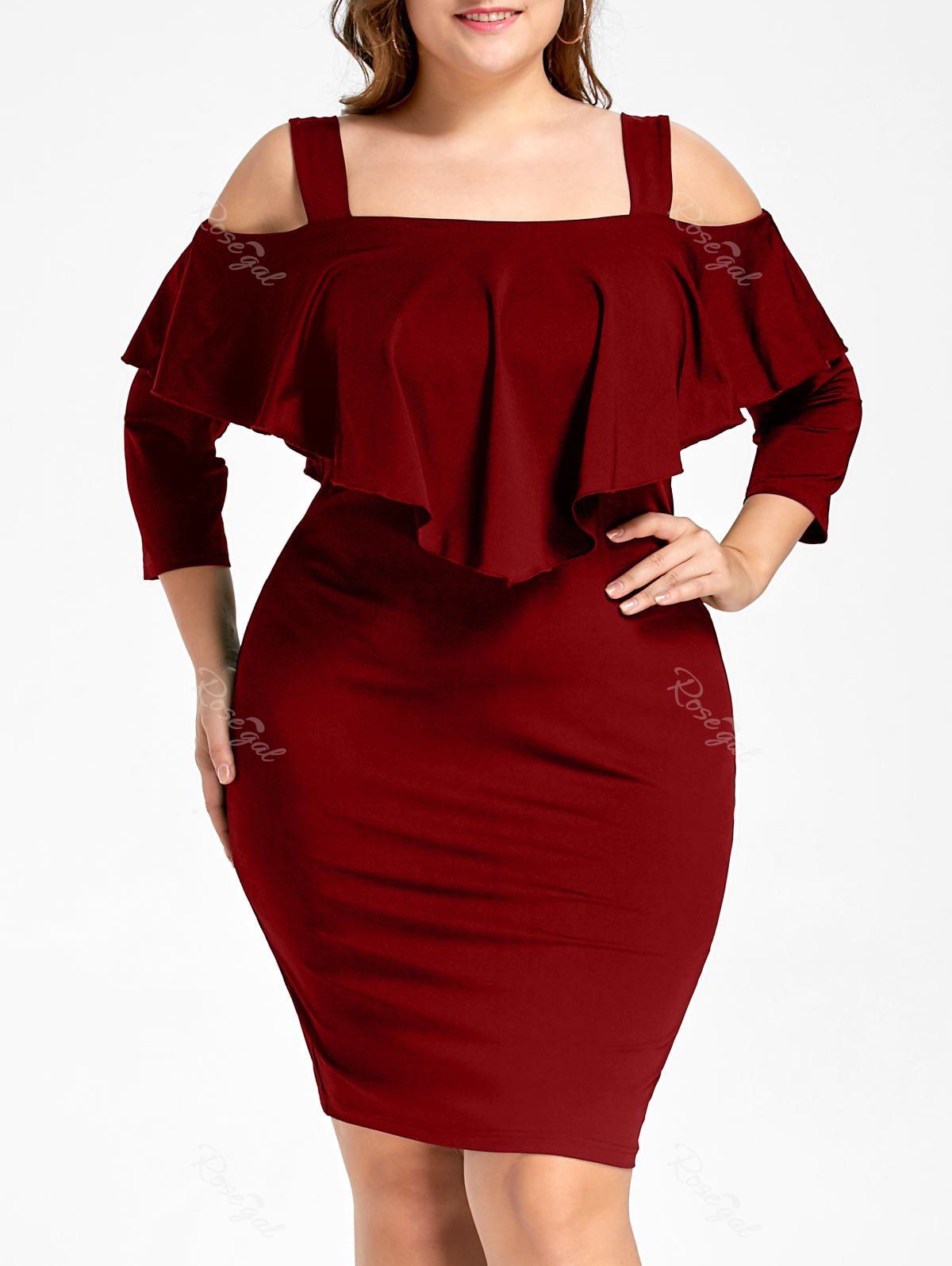 

Plus Size Overlay Cold Shoulder Fitted Dress, Wine red