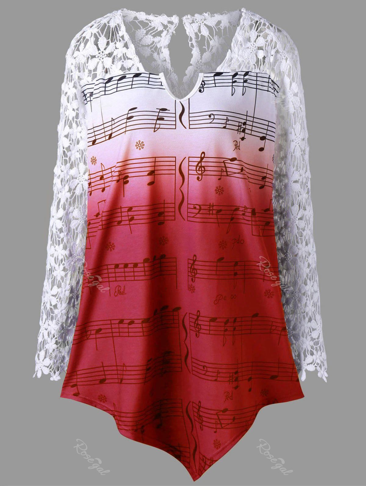 

Plus Size Lace Trim Music Notes Print Top, Red