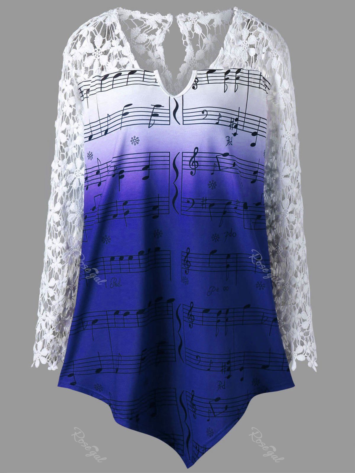 

Plus Size Lace Trim Music Notes Print Top, Blue
