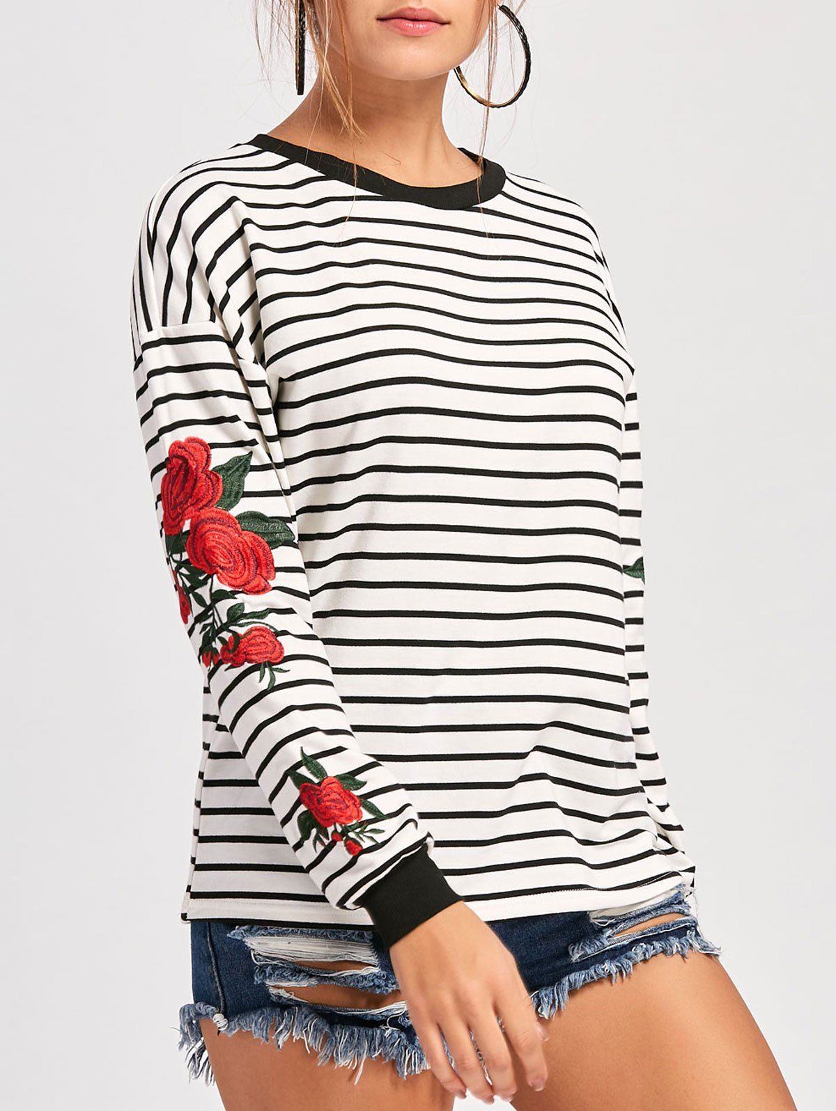 

Crew Neck Drop Shoulder Embroidered Sweatshirt, White