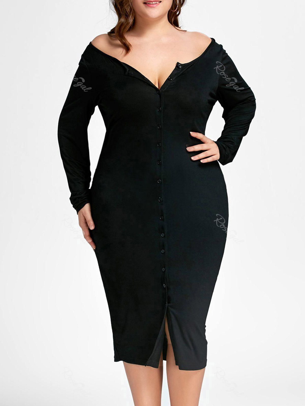 

Button Up Plus Size Fitted Pencil Midi Dress, Black