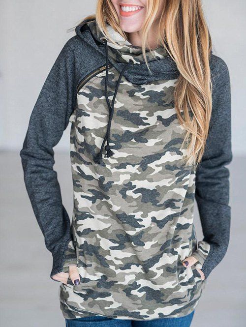 

Camo Print Baseball Hoodie with Zip, Colormix