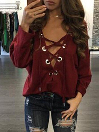 

Lace Up Plunge Top, Wine red