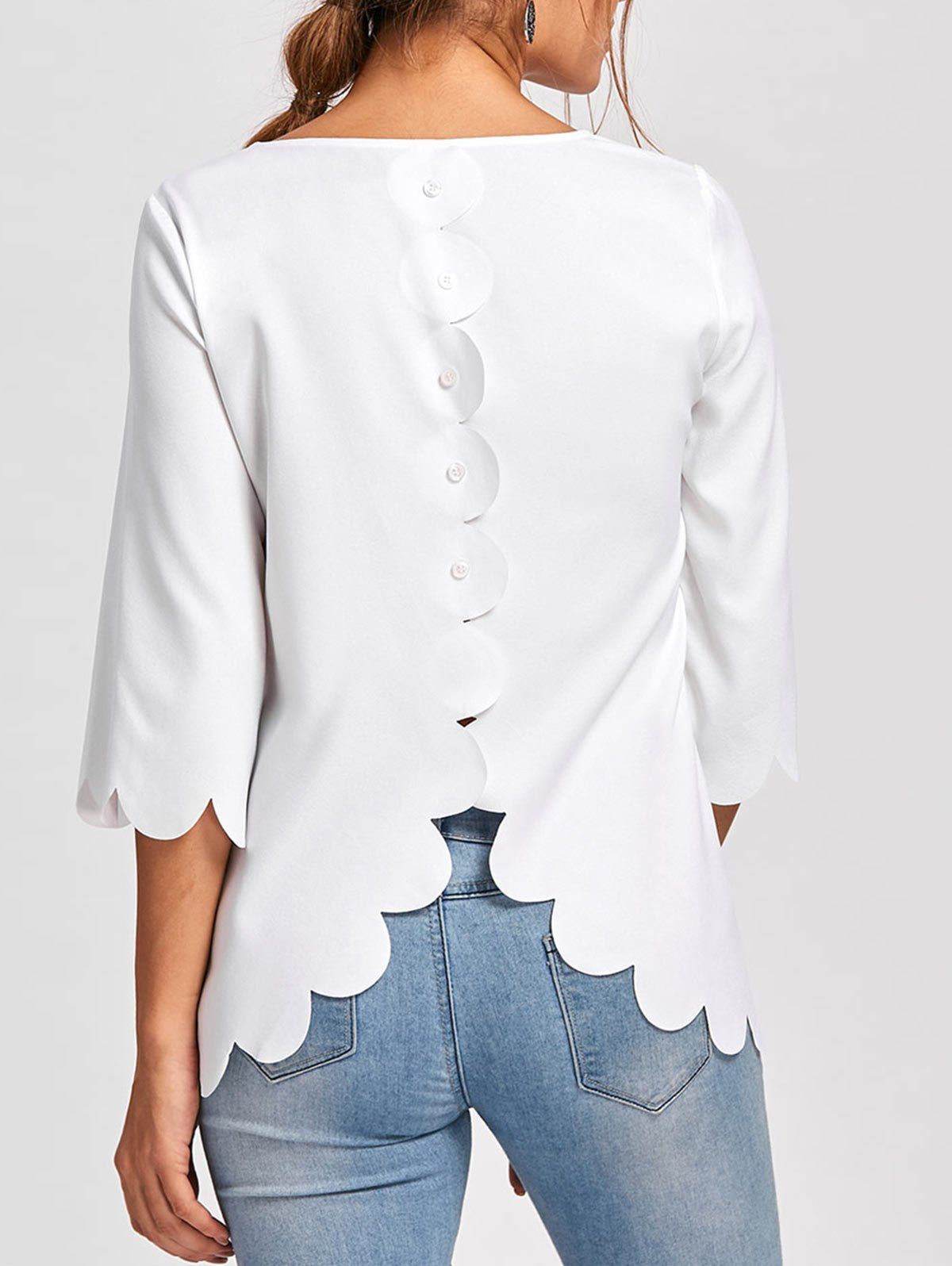 

Button Embellished Scalloped Edge Blouse, White