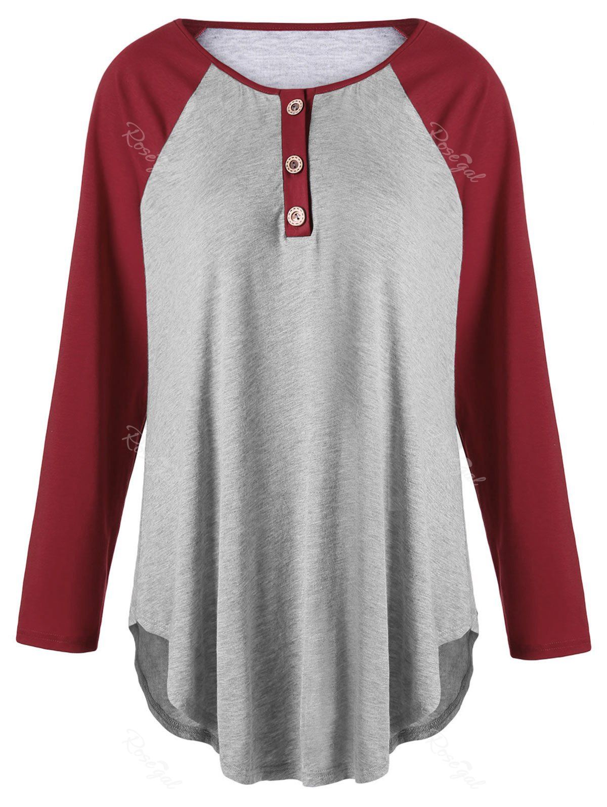 

Plus Size Two Tone Raglan Sleeve Top with Buttons, Gray and red