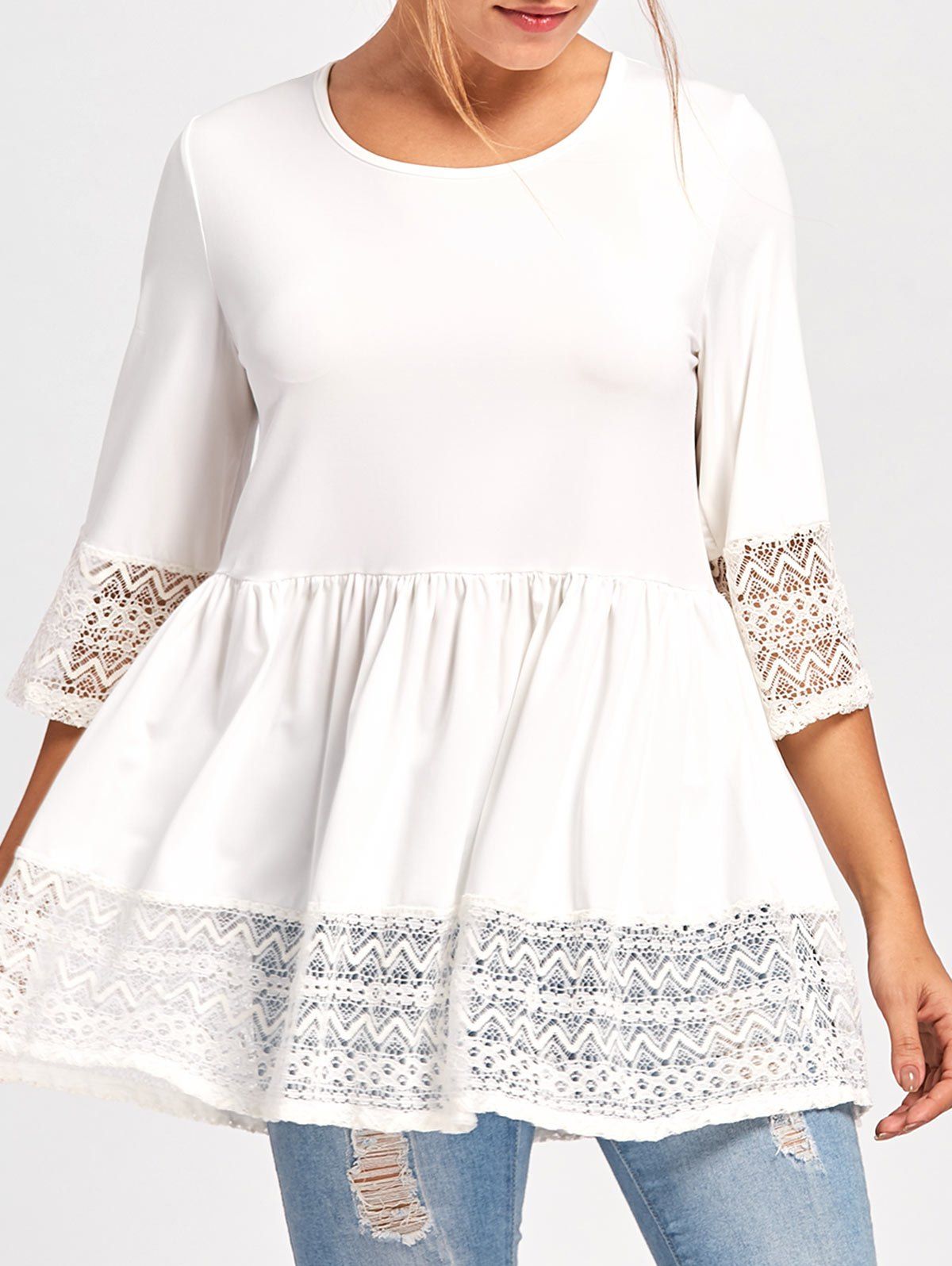 

Lace Panel Peplum Top, White
