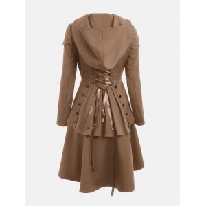 Khaki 2xl Lace Up Layered High Low Hooded Coat | RoseGal.com
