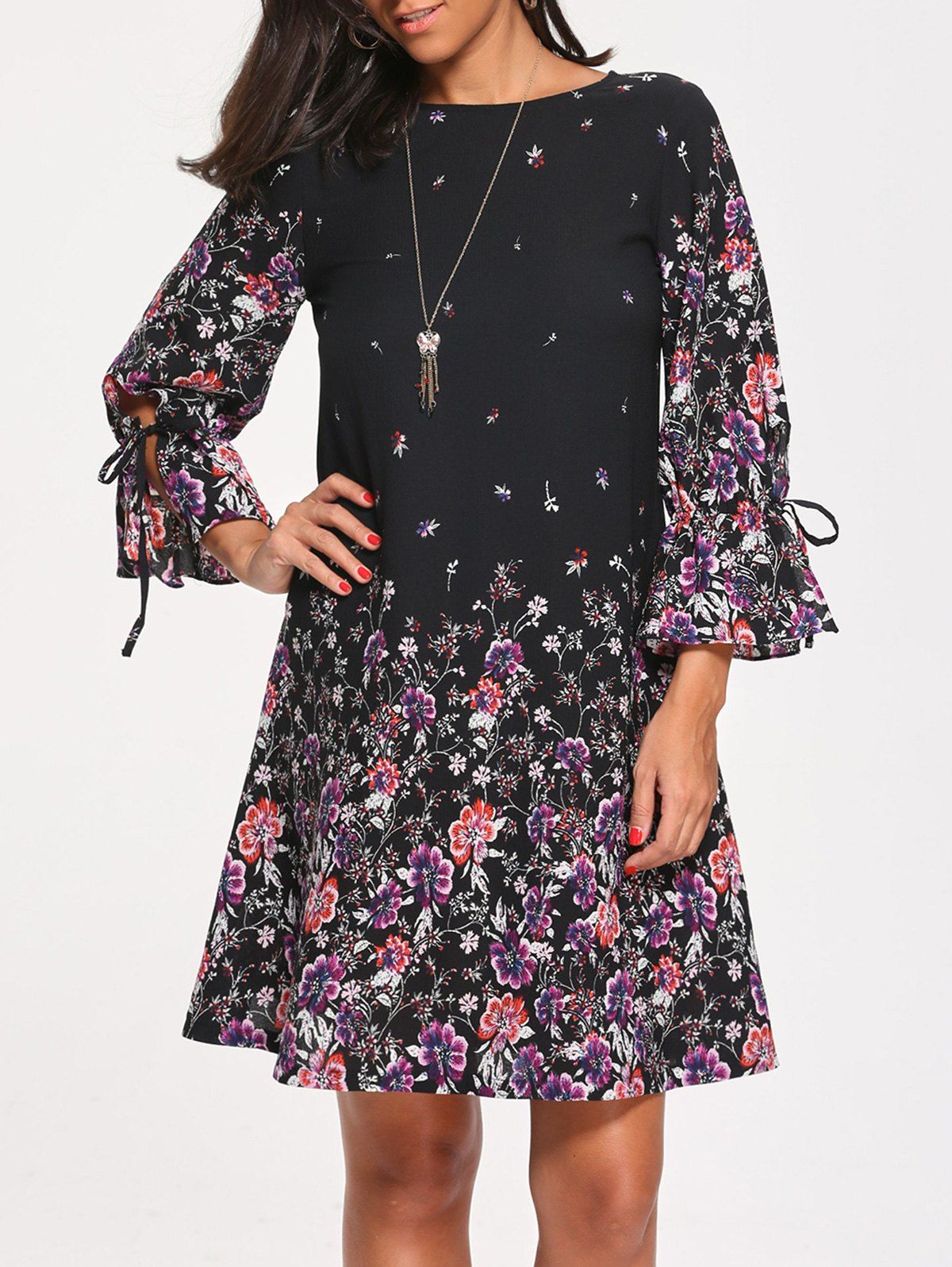 

Three Quarter Sleeve Tiny Floral Print Dress, Black