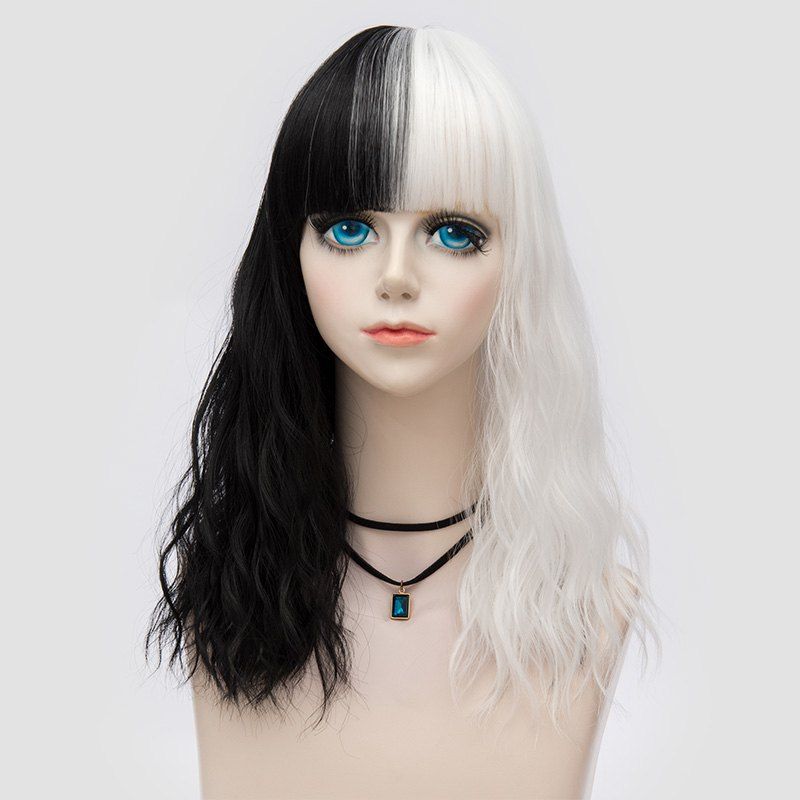 

Medium Full Bang Double Color Natural Wave Synthetic Party Wig, White and black