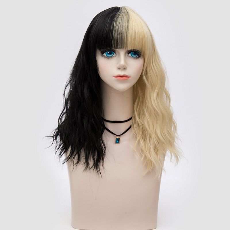 

Medium Full Bang Double Color Natural Wave Synthetic Party Wig, Black and golden