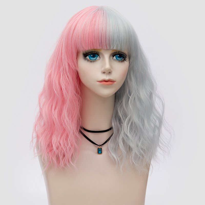 

Medium Full Bang Double Color Natural Wave Synthetic Party Wig, Pink and grey