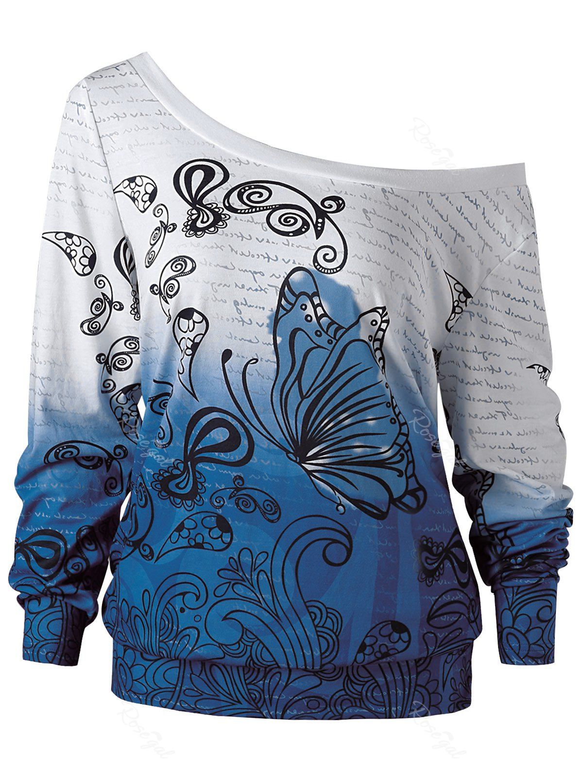 

Plus Size Ombre Butterfly Print Sweatshirt, Blue and white