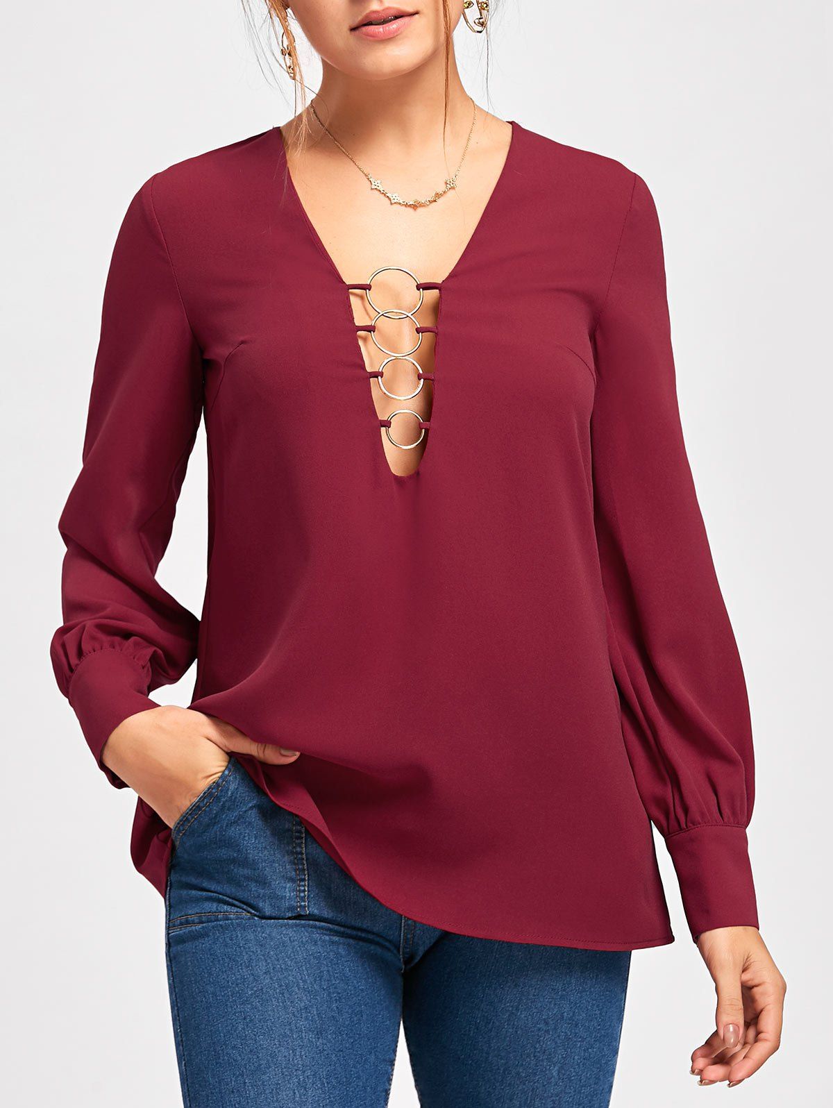 

Metal Circle Plunging Neck Long Sleeve Top, Wine red