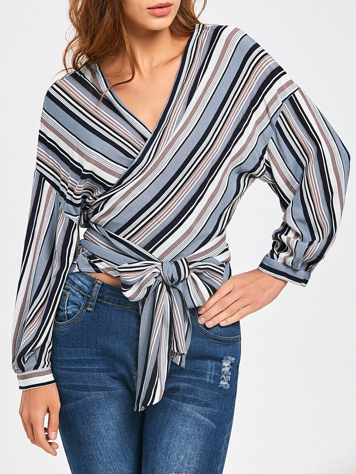 

Front Knot Drop Shoulder Striped Wrap Top, Stripe