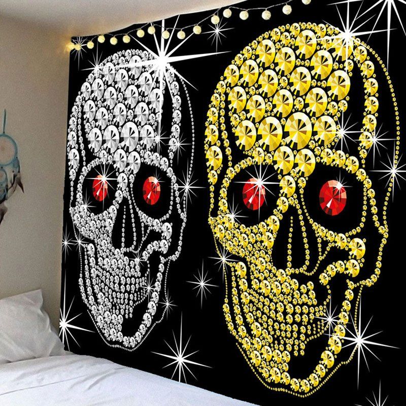 

Halloween Gold Sliver Coin Skulls Wall Decor Waterproof Tapestry, Black