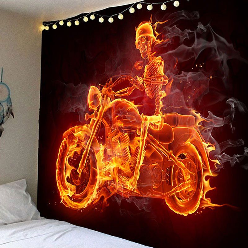 

Halloween Skull By Motorcycle Wall Waterproof Tapestry, Colorful