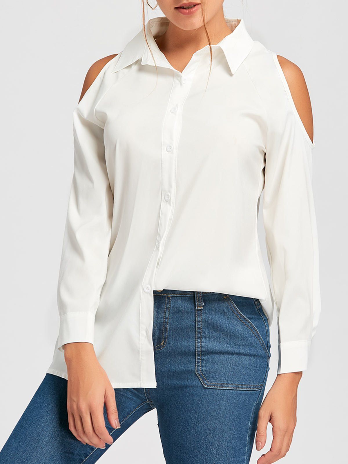 [8 OFF] Button Down Cold Shoulder Tunic Shirt Rosegal