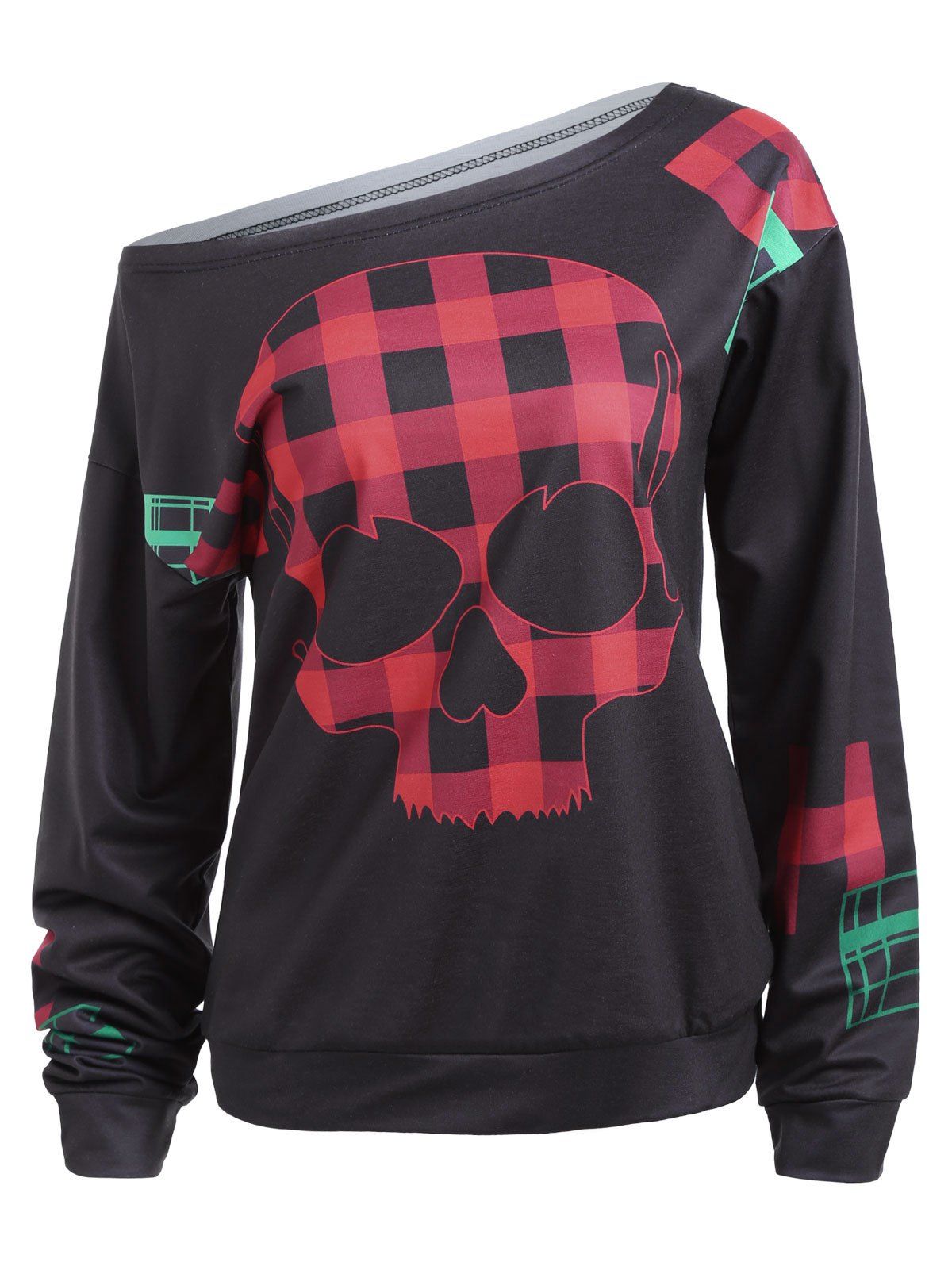 

Skull Plaid Patched One Shoulder Sweatshirt, Black