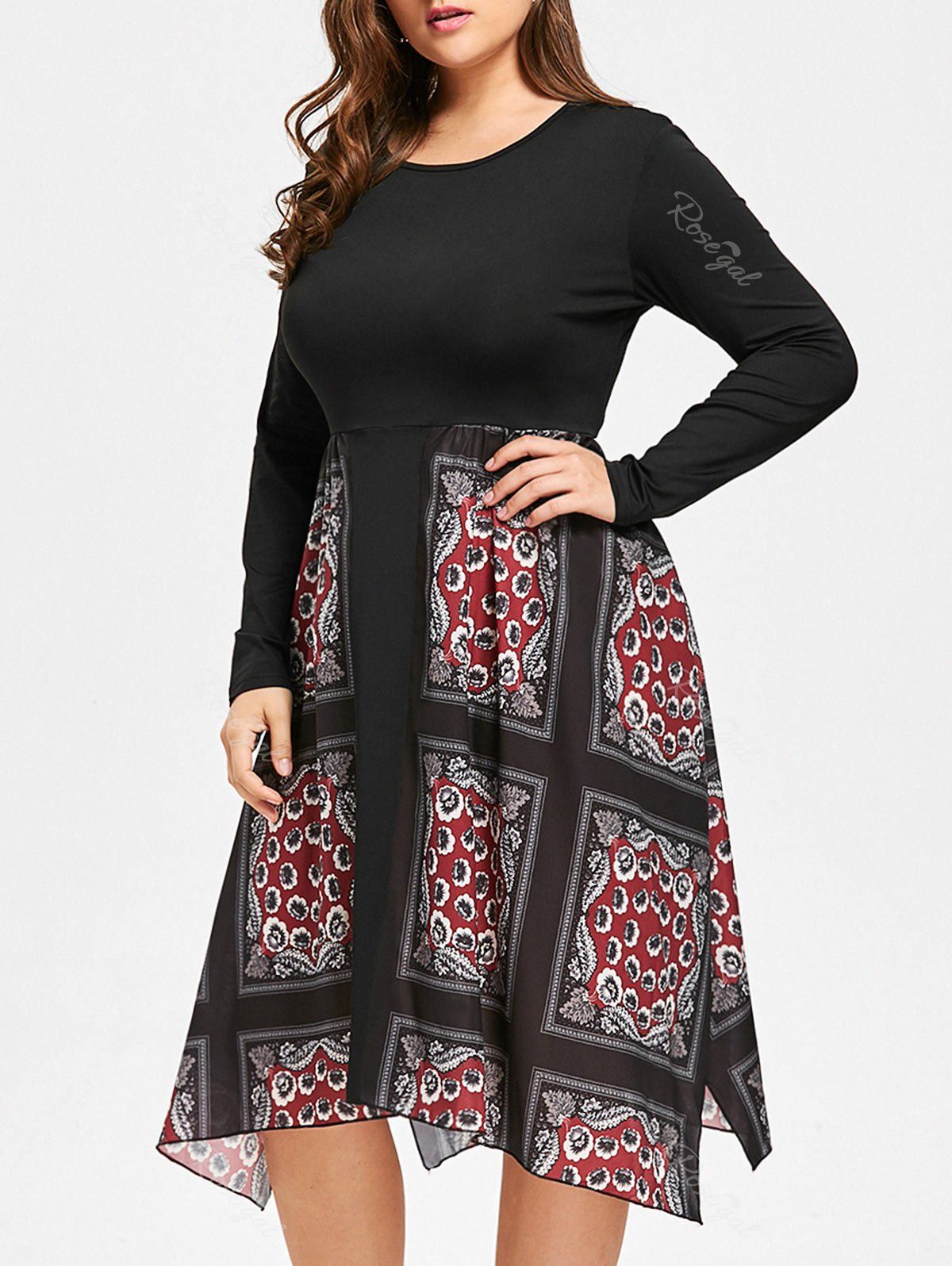 

Floral Print Handkerchief Plus Size Dress, Black