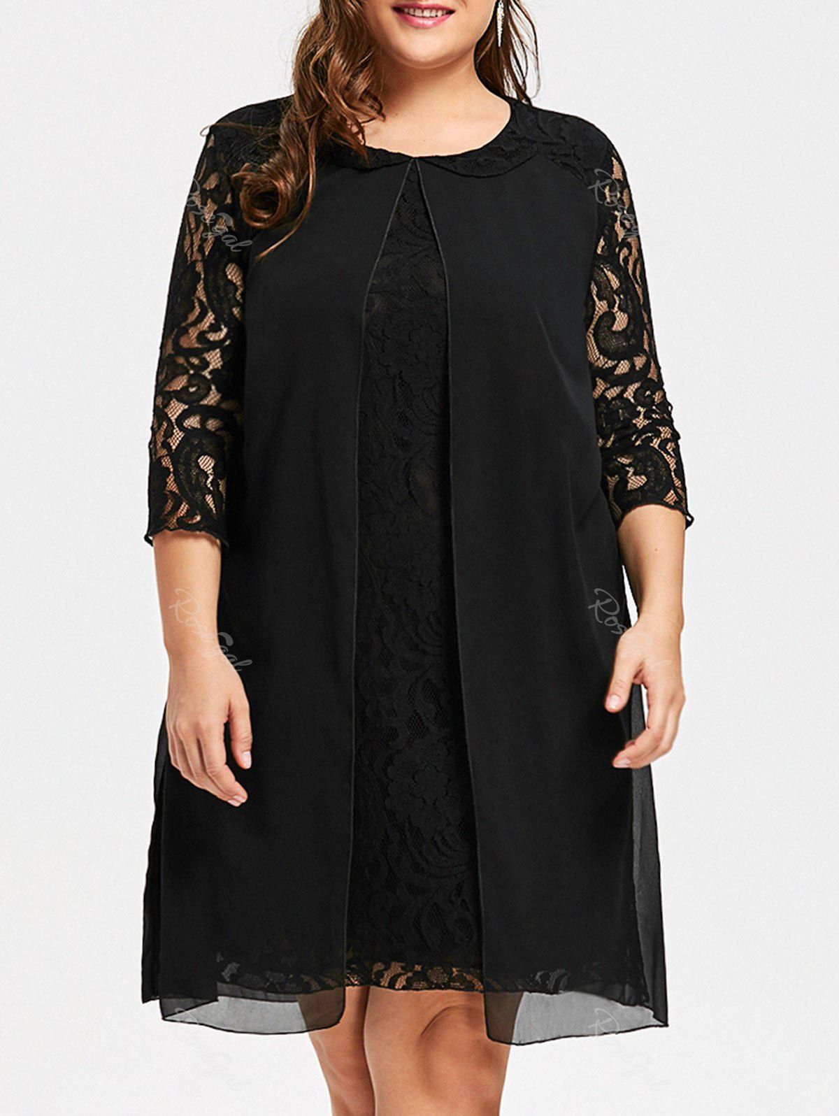 

Slit Front Plus Size Lace Sleeve Dress, Black