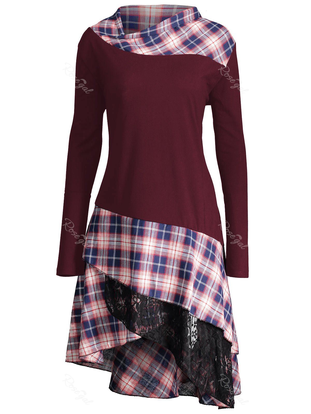 

Long Plus Size Lace Plaid Panel Top, Wine red