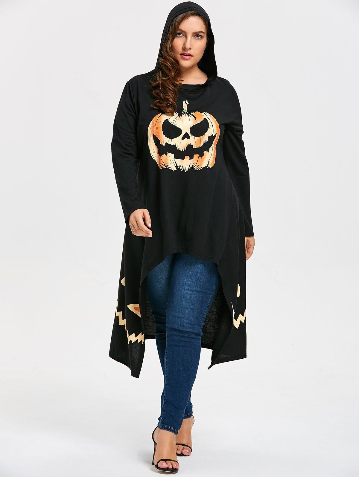 Black Xl Plus Size Hooded High Low Halloween Pumpkin Tee | RoseGal.com