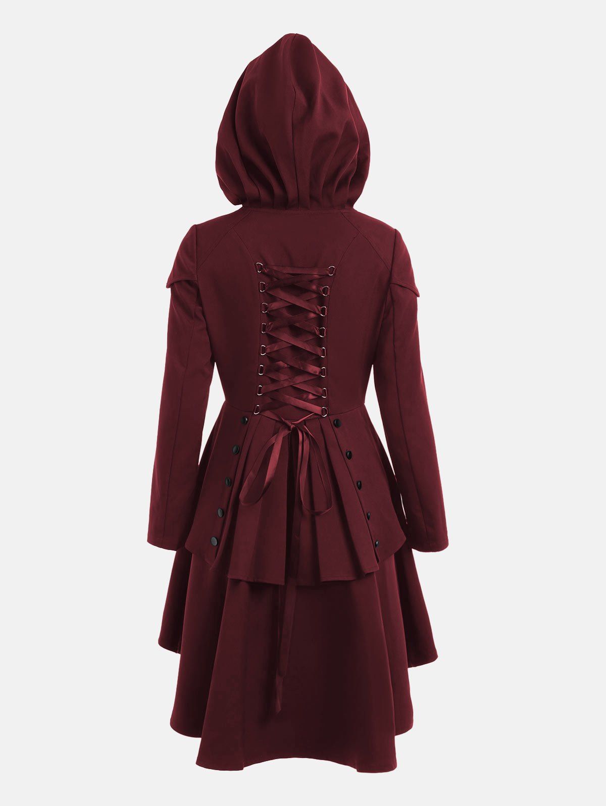 

Lace Up Layered High Low Hooded Coat, Wine red