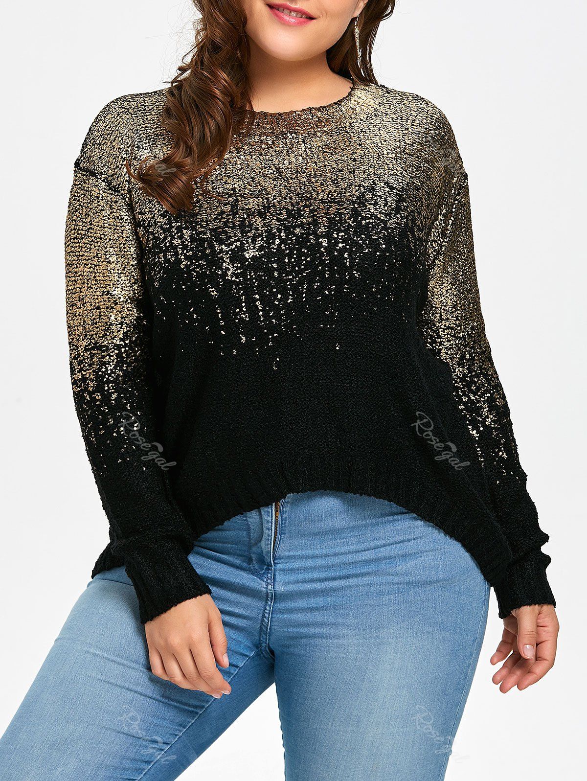 

Plus Size Golden Ombre Drop Shoulder Sweater, Black gold