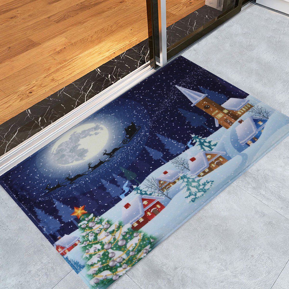 

Bathroom Antiskid Christmas Tree Snow Moon Rug, Blue