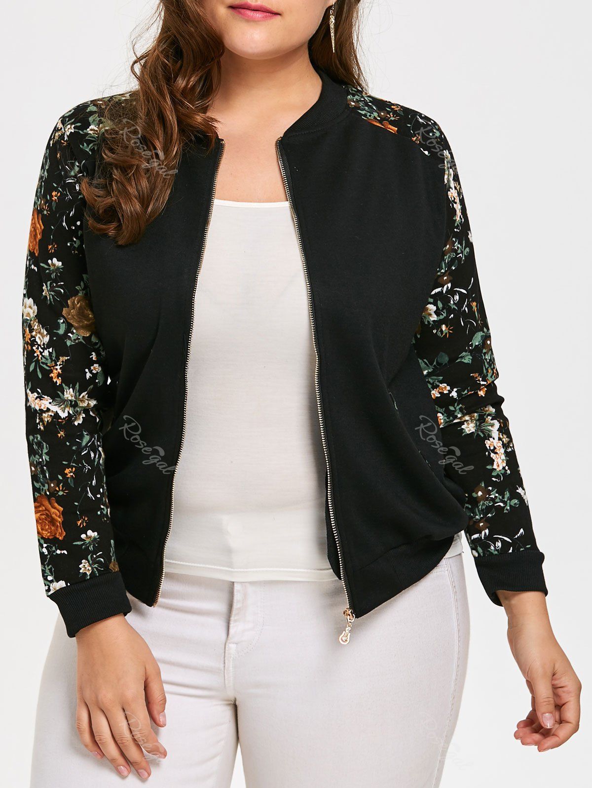

Plus Size Floral Printed Raglan Sleeve Jacket, Black
