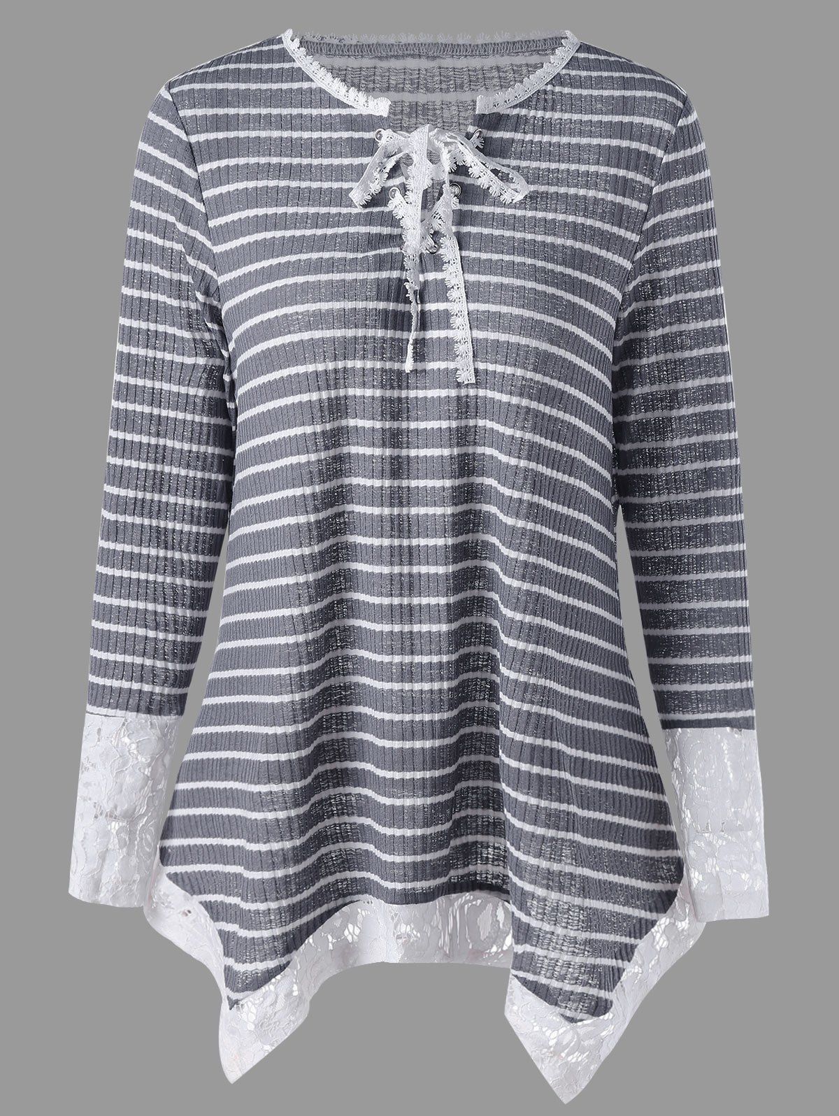

Plus Size Striped Lace Up Asymmetric Knitwear, Grey and white