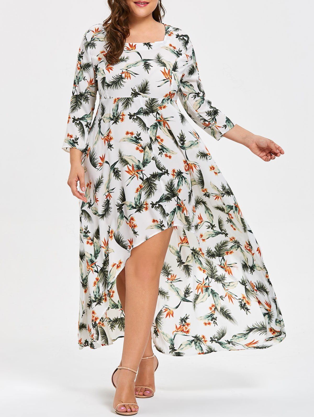 [34% OFF] Plus Size Tropical Floral High Low Maxi Dress | Rosegal