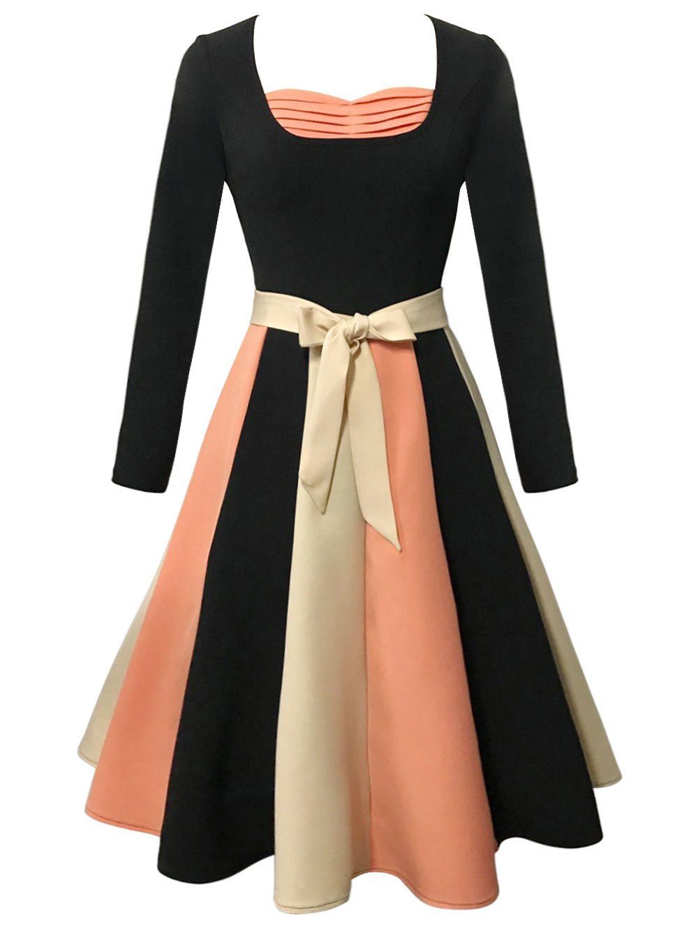 

Vintage Long Sleeve Color Block Flare Dress, Black