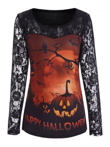 Lace Sleeve Pumpkin Happy Halloween Top - Orange - 2xl