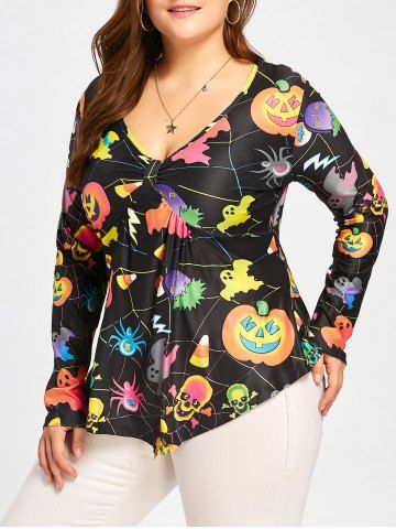 Black 4xl Halloween Pumpkin Printed Plus Size V Neck T shirt